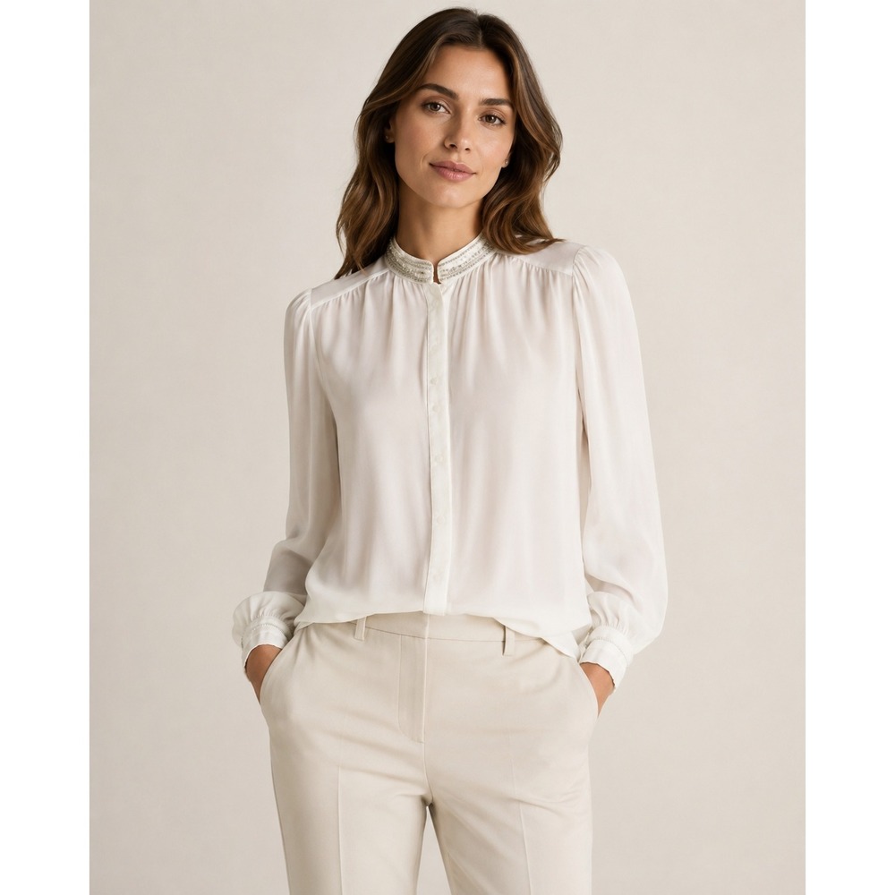 Elie Tahari Ivory Silk Beaded Collar Blouse Womens Small‎ NWT